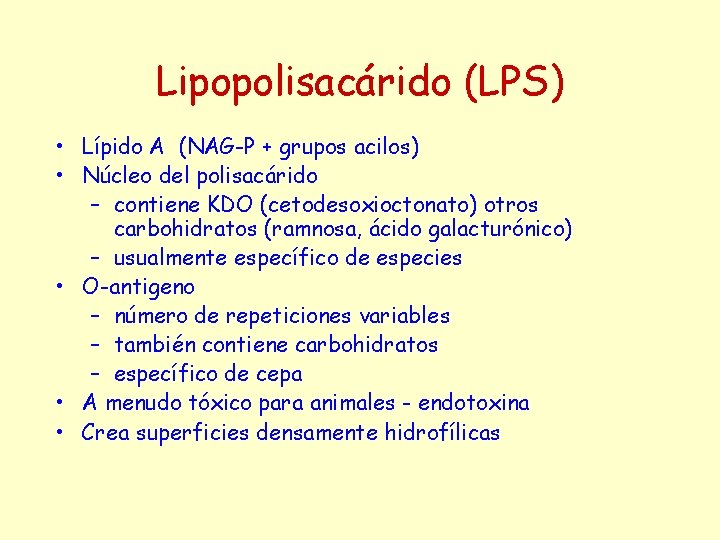 Lipopolisacárido (LPS) • Lípido A (NAG-P + grupos acilos) • Núcleo del polisacárido –