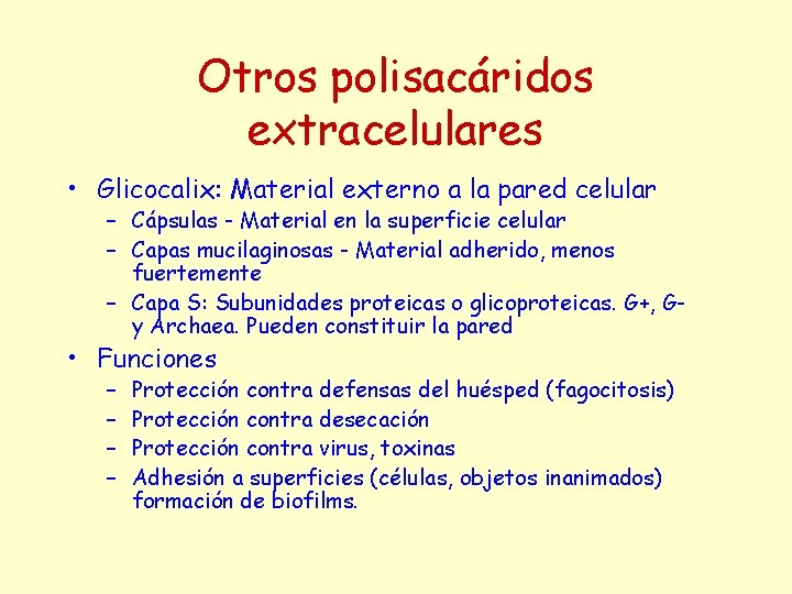Otros polisacáridos extracelulares • Glicocalix: Material externo a la pared celular – Cápsulas -