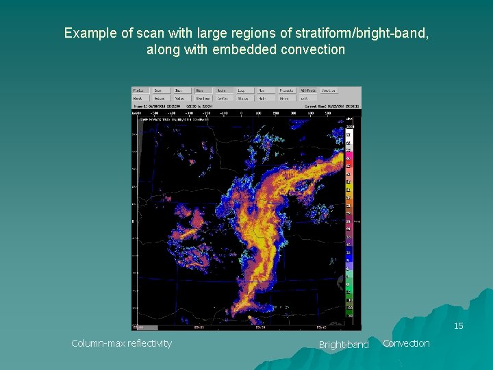Example of scan with large regions of stratiform/bright-band, along with embedded convection 15 Column-max