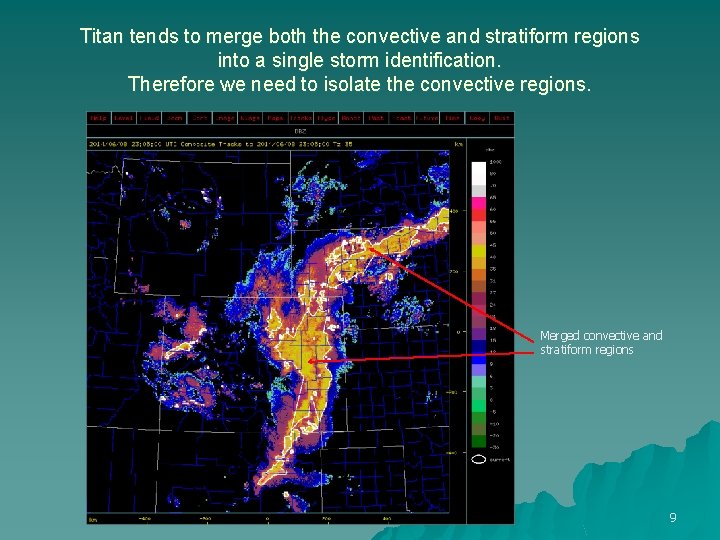 Titan tends to merge both the convective and stratiform regions into a single storm