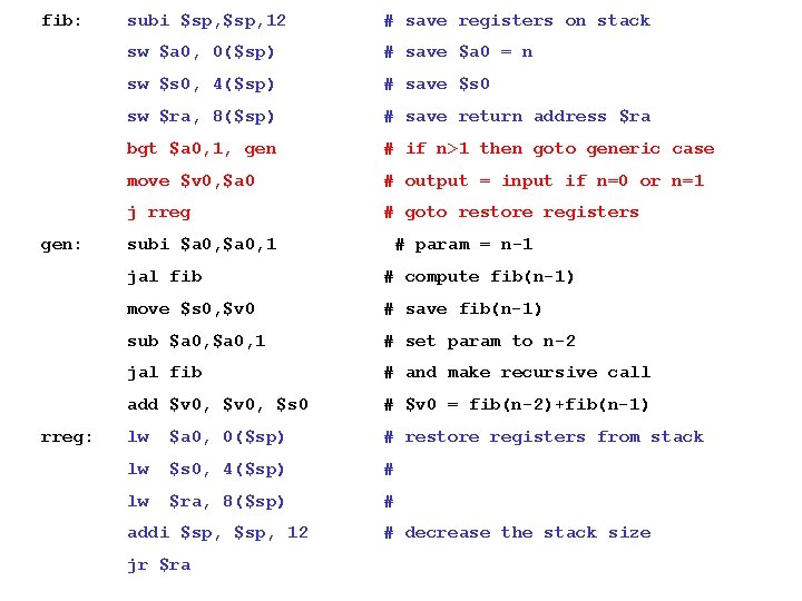 fib: gen: rreg: subi $sp, 12 # save registers on stack sw $a 0,