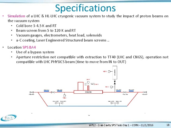 Specifications • Simulation of a LHC & HL-LHC cryogenic vacuum system to study the