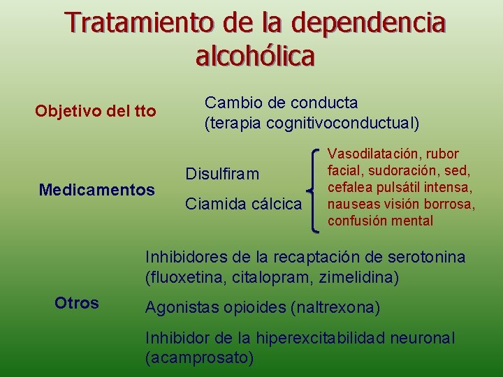 Tratamiento de la dependencia alcohólica Objetivo del tto Medicamentos Cambio de conducta (terapia cognitivoconductual)