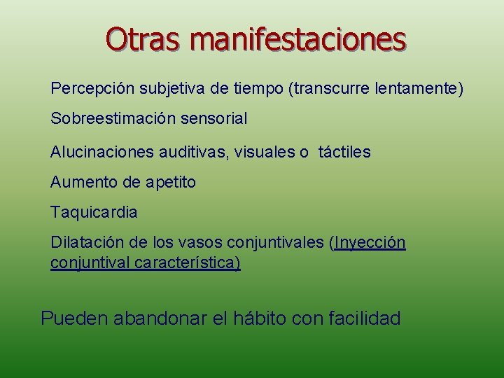 Otras manifestaciones Percepción subjetiva de tiempo (transcurre lentamente) Sobreestimación sensorial Alucinaciones auditivas, visuales o