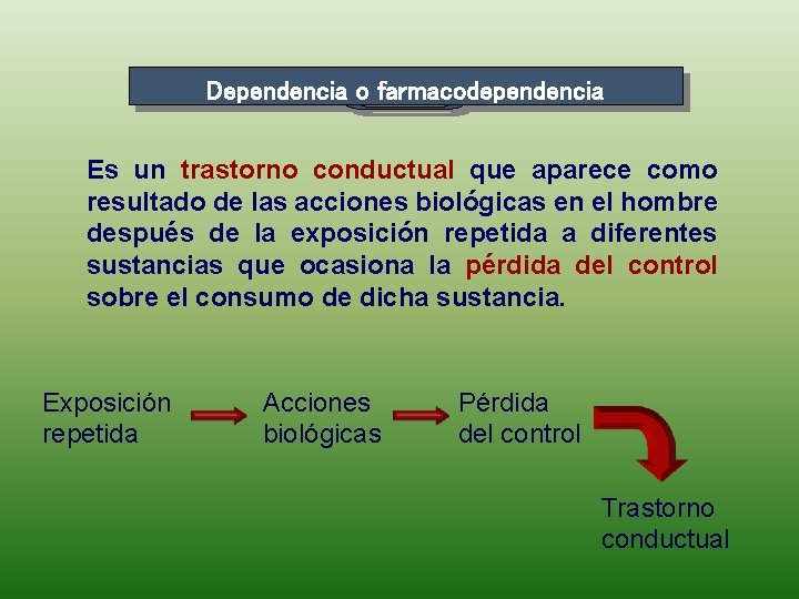 Dependencia o farmacodependencia Es un trastorno conductual que aparece como resultado de las acciones