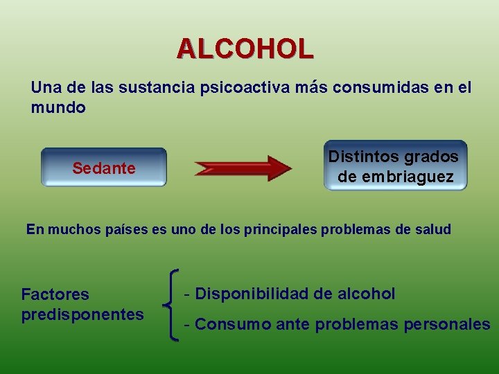 ALCOHOL Una de las sustancia psicoactiva más consumidas en el mundo Sedante Distintos grados