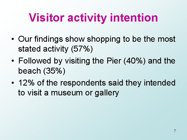 Visitor activity intention • Our findings show shopping to be the most stated activity