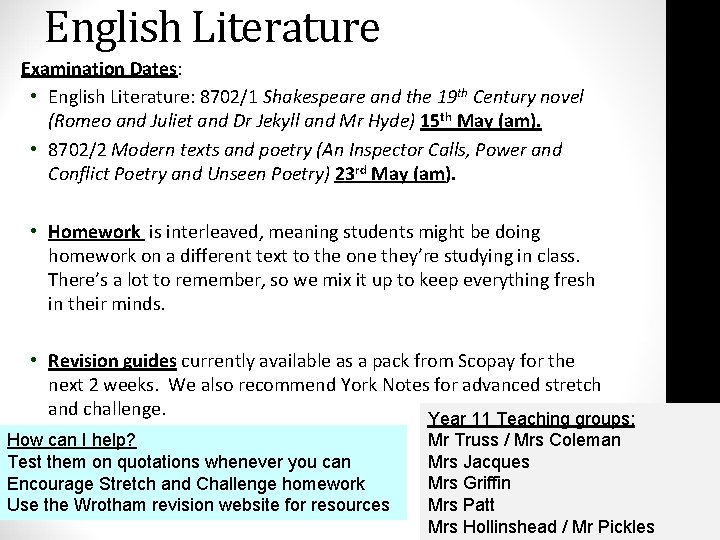 English Literature Examination Dates: • English Literature: 8702/1 Shakespeare and the 19 th Century
