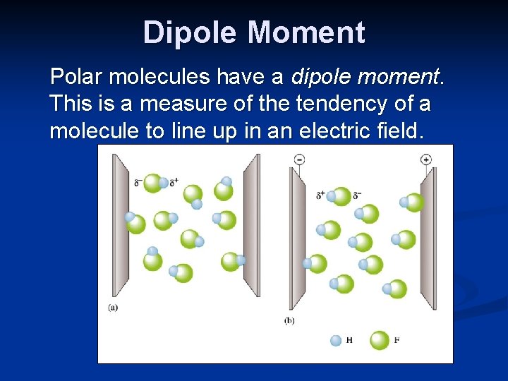 Dipole Moment Polar molecules have a dipole moment. This is a measure of the