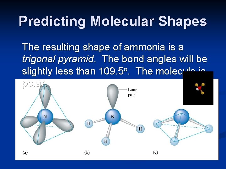 Predicting Molecular Shapes The resulting shape of ammonia is a trigonal pyramid. The bond