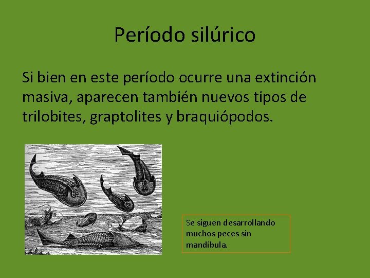 Período silúrico Si bien en este período ocurre una extinción masiva, aparecen también nuevos