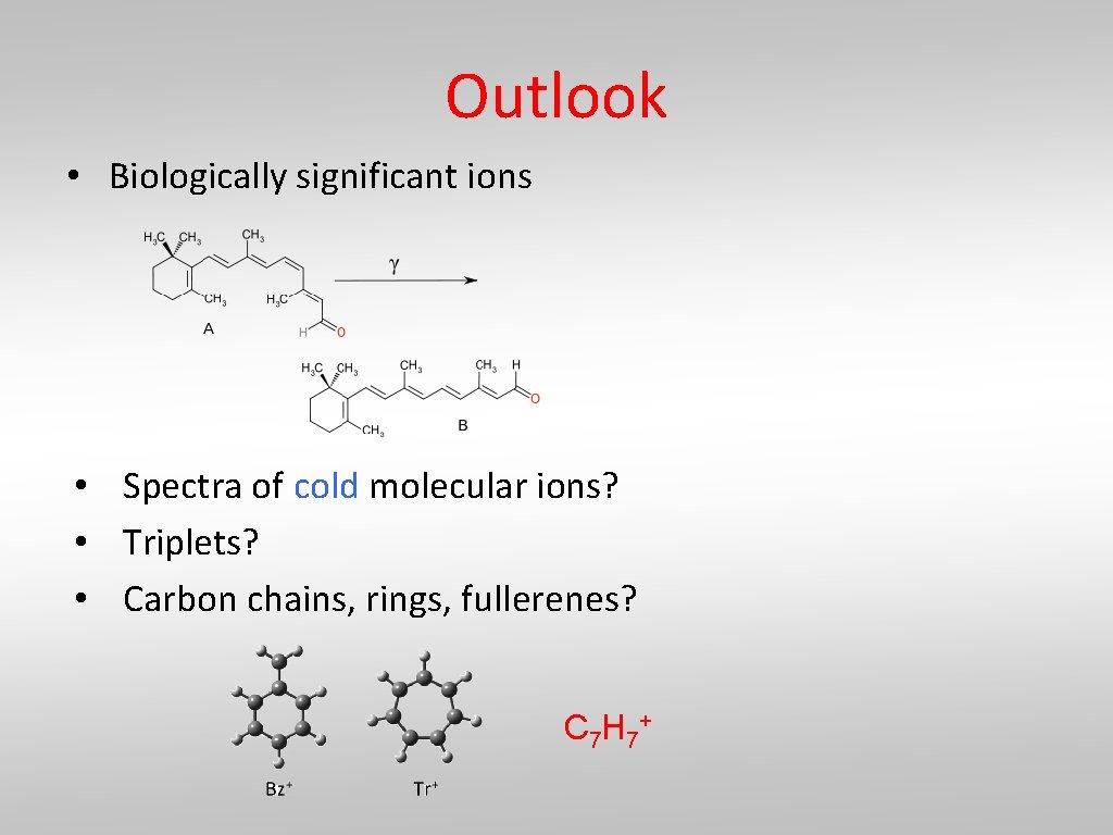 Outlook • Biologically significant ions • Spectra of cold molecular ions? • Triplets? •