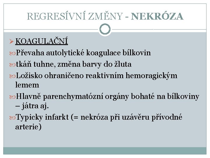 REGRESÍVNÍ ZMĚNY - NEKRÓZA Ø KOAGULAČNÍ Převaha autolytické koagulace bílkovin tkáň tuhne, změna barvy