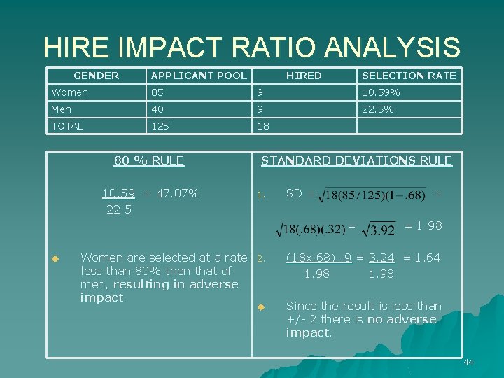 HIRE IMPACT RATIO ANALYSIS GENDER APPLICANT POOL HIRED SELECTION RATE Women 85 9 10.