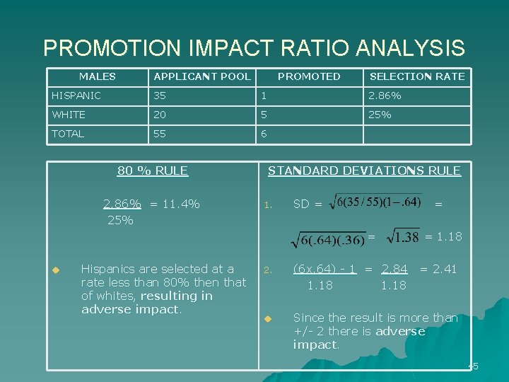 PROMOTION IMPACT RATIO ANALYSIS MALES APPLICANT POOL PROMOTED SELECTION RATE HISPANIC 35 1 2.