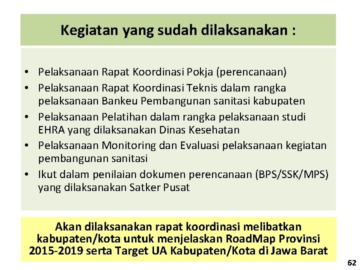 Kegiatan yang sudah dilaksanakan : • Pelaksanaan Rapat Koordinasi Pokja (perencanaan) • Pelaksanaan Rapat