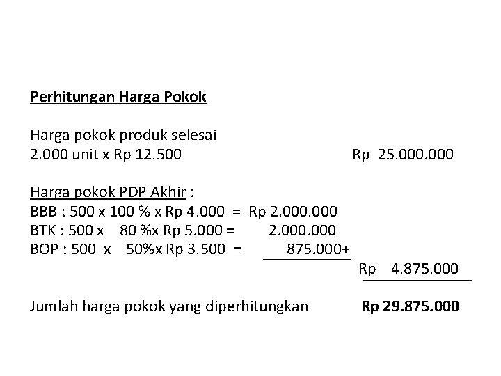 Perhitungan Harga Pokok Harga pokok produk selesai 2. 000 unit x Rp 12. 500