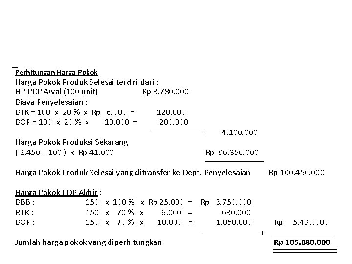 Perhitungan Harga Pokok Produk Selesai terdiri dari : HP PDP Awal (100 unit) Rp