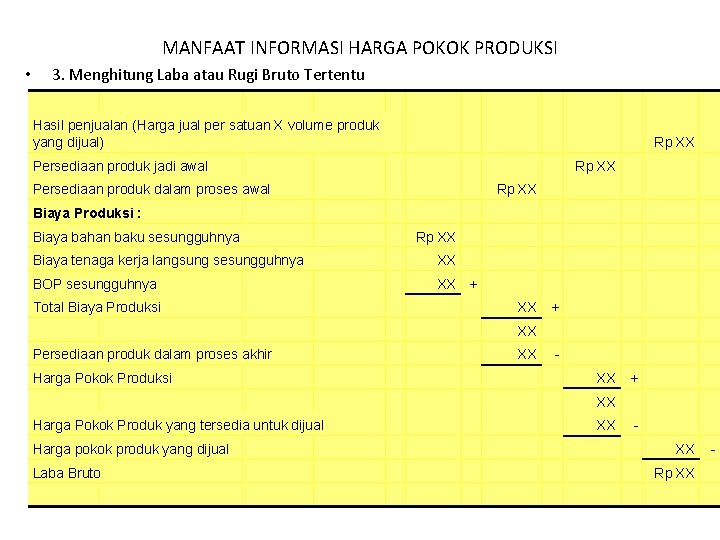 MANFAAT INFORMASI HARGA POKOK PRODUKSI 3. Menghitung Laba atau Rugi Bruto Tertentu • Hasil