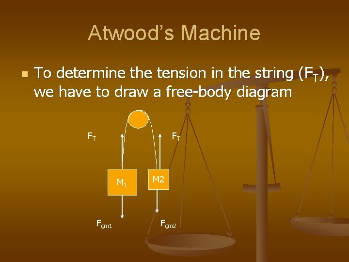 Atwood’s Machine n To determine the tension in the string (FT), we have to