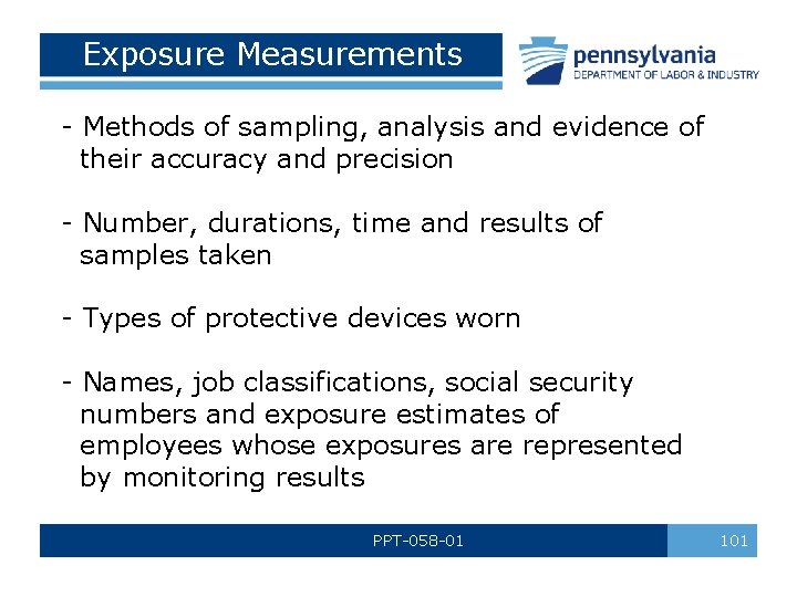Exposure Measurements - Methods of sampling, analysis and evidence of their accuracy and precision