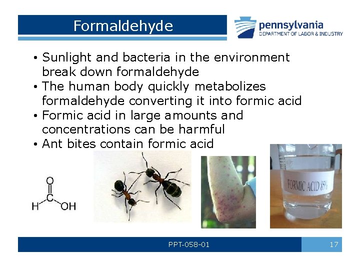 Formaldehyde • Sunlight and bacteria in the environment break down formaldehyde • The human