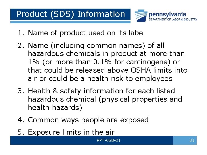 Product (SDS) Information 1. Name of product used on its label 2. Name (including