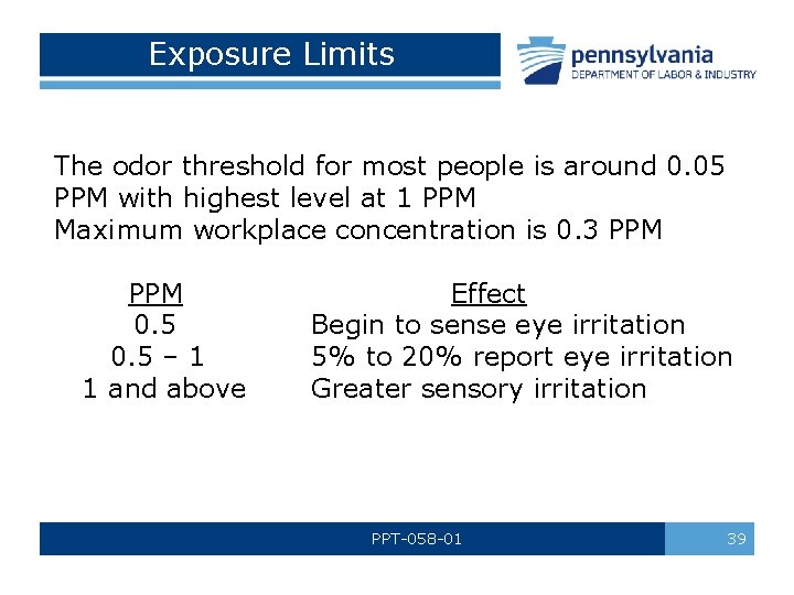 Exposure Limits The odor threshold for most people is around 0. 05 PPM with