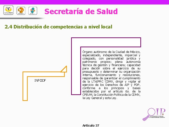 Secretaría de Salud 2. 4 Distribución de competencias a nivel local INFODF Órgano autónomo
