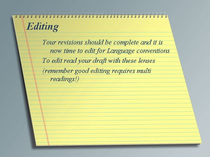 Editing Your revisions should be complete and it is now time to edit for