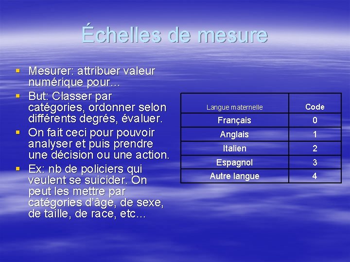 Échelles de mesure § Mesurer: attribuer valeur numérique pour… § But: Classer par catégories,