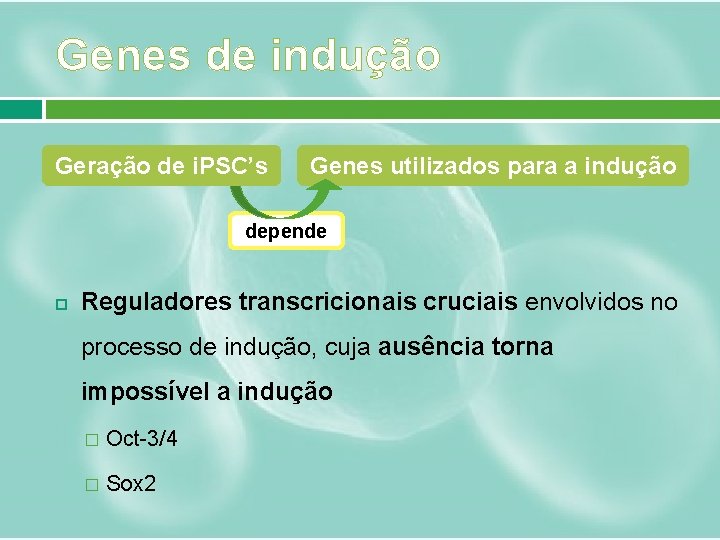 Genes de indução Geração de i. PSC’s Genes utilizados para a indução depende Reguladores