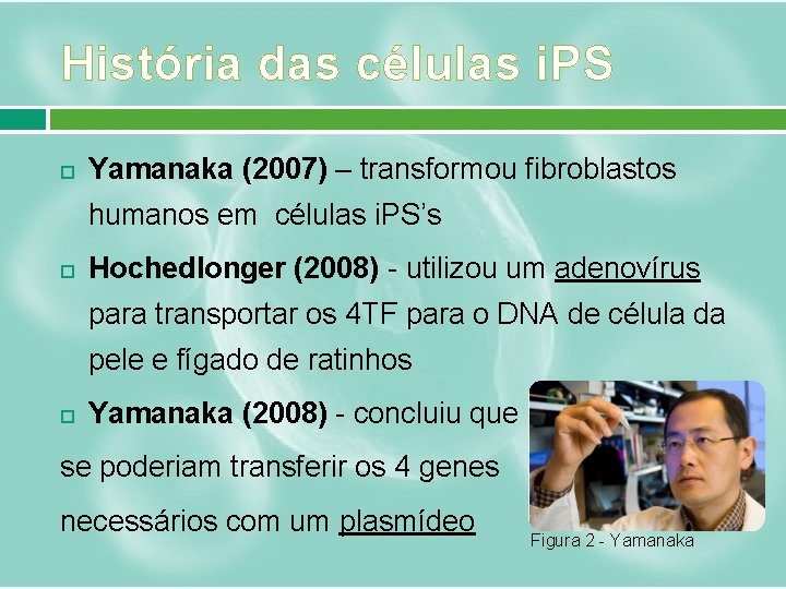 História das células i. PS Yamanaka (2007) – transformou fibroblastos humanos em células i.