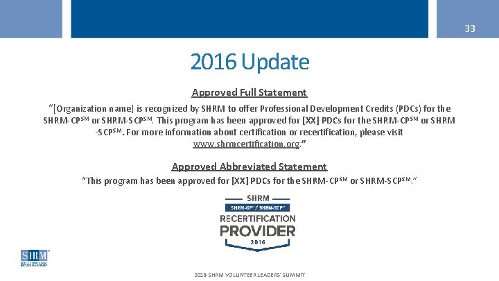 33 2016 Update Approved Full Statement “[Organization name] is recognized by SHRM to offer