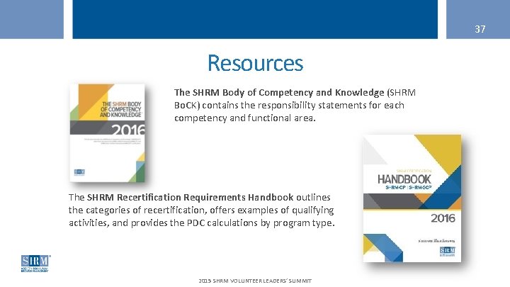 37 Resources The SHRM Body of Competency and Knowledge (SHRM Bo. CK) contains the