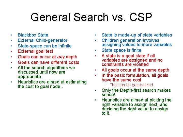 General Search vs. CSP • • Blackbox State External Child-generator State-space can be infinite