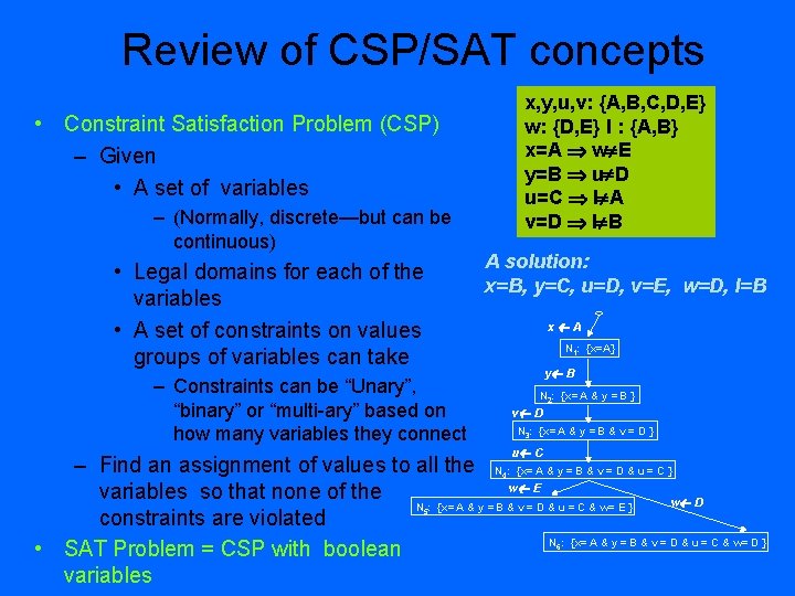 Review of CSP/SAT concepts x, y, u, v: {A, B, C, D, E} w: