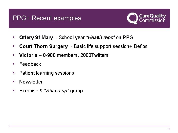 PPG+ Recent examples • • Ottery St Mary – School year “Health reps” on