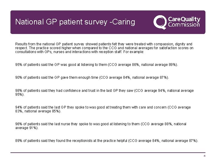 National GP patient survey -Caring Results from the national GP patient survey showed patients