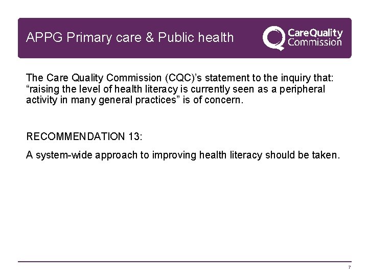 APPG Primary care & Public health The Care Quality Commission (CQC)’s statement to the