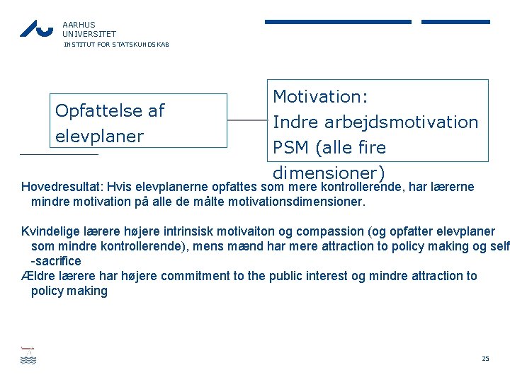 AARHUS UNIVERSITET INSTITUT FOR STATSKUNDSKAB Opfattelse af elevplaner Motivation: Indre arbejdsmotivation PSM (alle fire