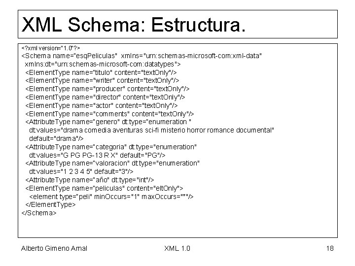 XML Schema: Estructura. <? xml version="1. 0"? > <Schema name=“esq. Peliculas" xmlns="urn: schemas-microsoft-com: xml-data"