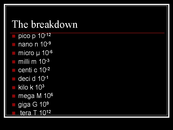 The breakdown n n pico p 10 -12 nano n 10 -9 micro µ