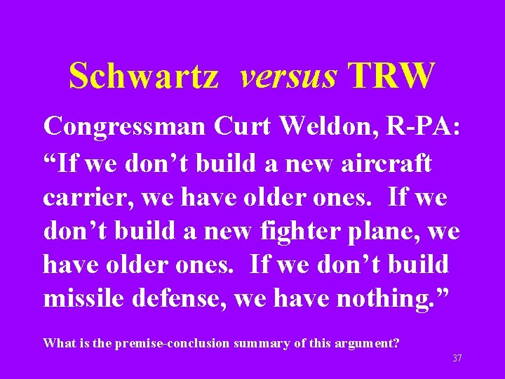 Schwartz versus TRW Congressman Curt Weldon, R-PA: “If we don’t build a new aircraft