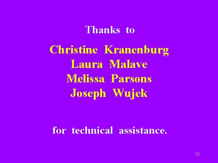 Thanks to Christine Kranenburg Laura Malave Melissa Parsons Joseph Wujek for technical assistance. 53