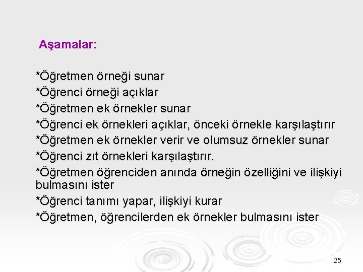 Aşamalar: *Öğretmen örneği sunar *Öğrenci örneği açıklar *Öğretmen ek örnekler sunar *Öğrenci ek örnekleri