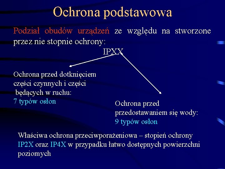 Ochrona podstawowa Podział obudów urządzeń ze względu na stworzone przez nie stopnie ochrony: IPXX