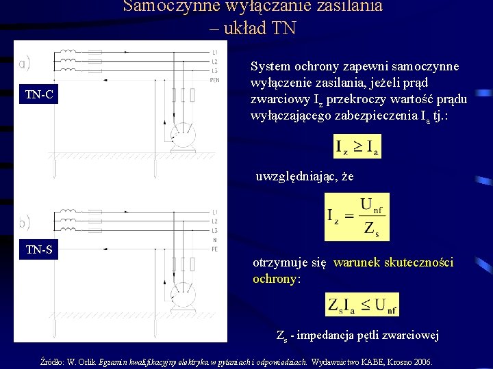 Samoczynne wyłączanie zasilania – układ TN TN-C System ochrony zapewni samoczynne wyłączenie zasilania, jeżeli