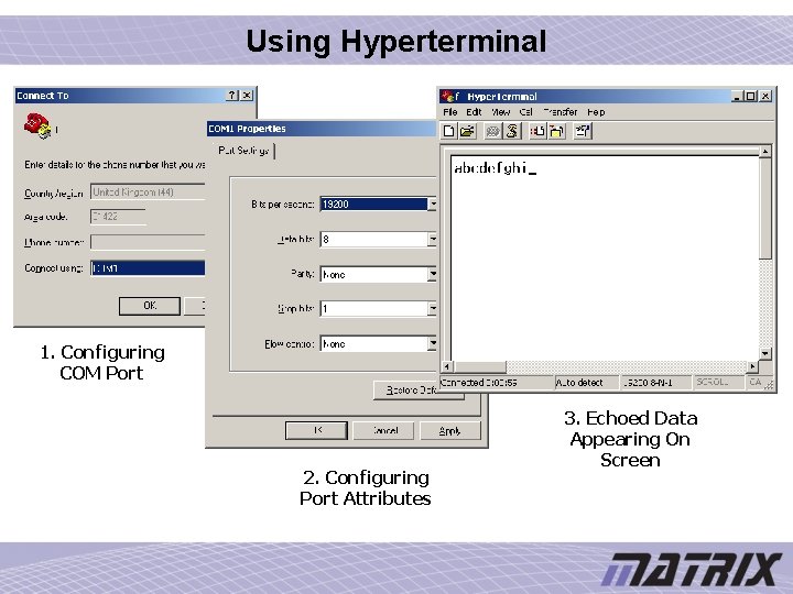 Using Hyperterminal 1. Configuring COM Port 2. Configuring Port Attributes 3. Echoed Data Appearing