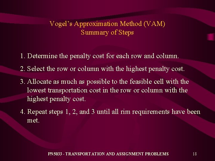 Vogel’s Approximation Method (VAM) Summary of Steps 1. Determine the penalty cost for each Vogel’s Approximation Method (VAM) Summary of Steps 1. Determine the penalty cost for each